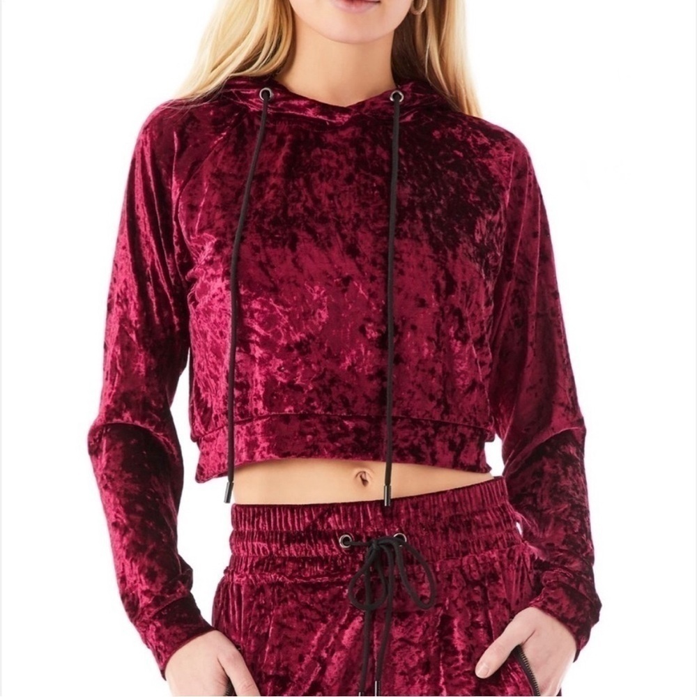 NEW LF Emma & Sam velvet crop hoodie sweatshirt burgundy SMALL